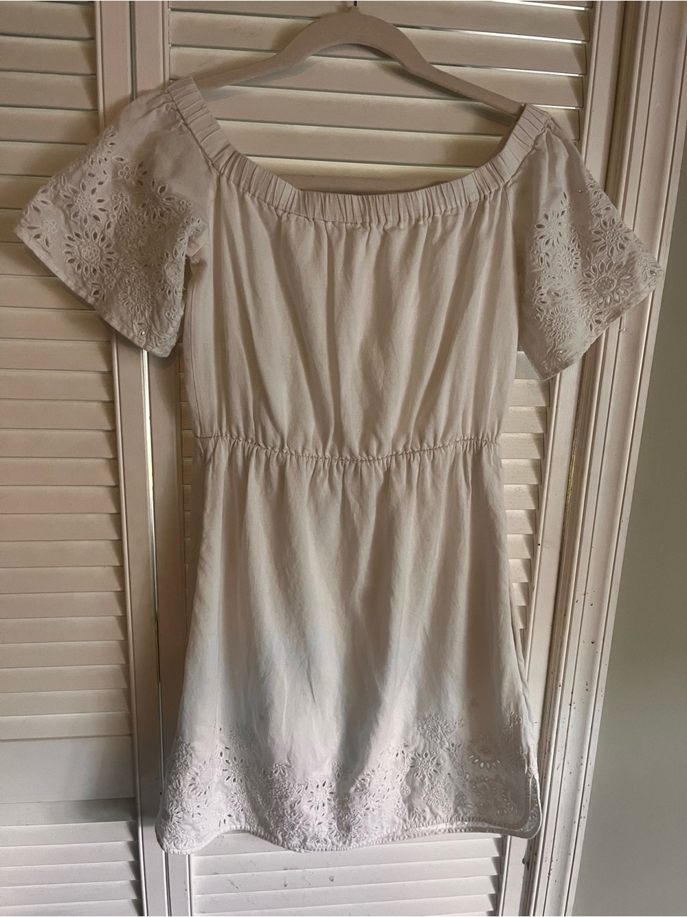 Club Monaco White Eyelet Off-Shoulder Mini Dress